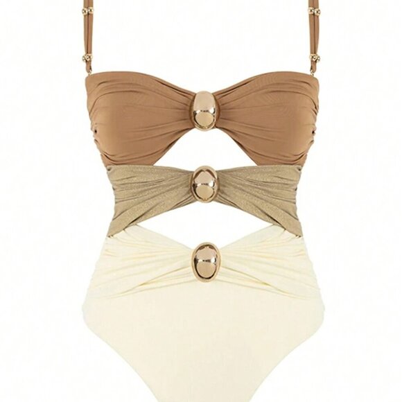 Brown Sexy Women's Colorblock Cut-Out Spaghetti Strap One-Piece Swimsuit - Picture 2 of 6